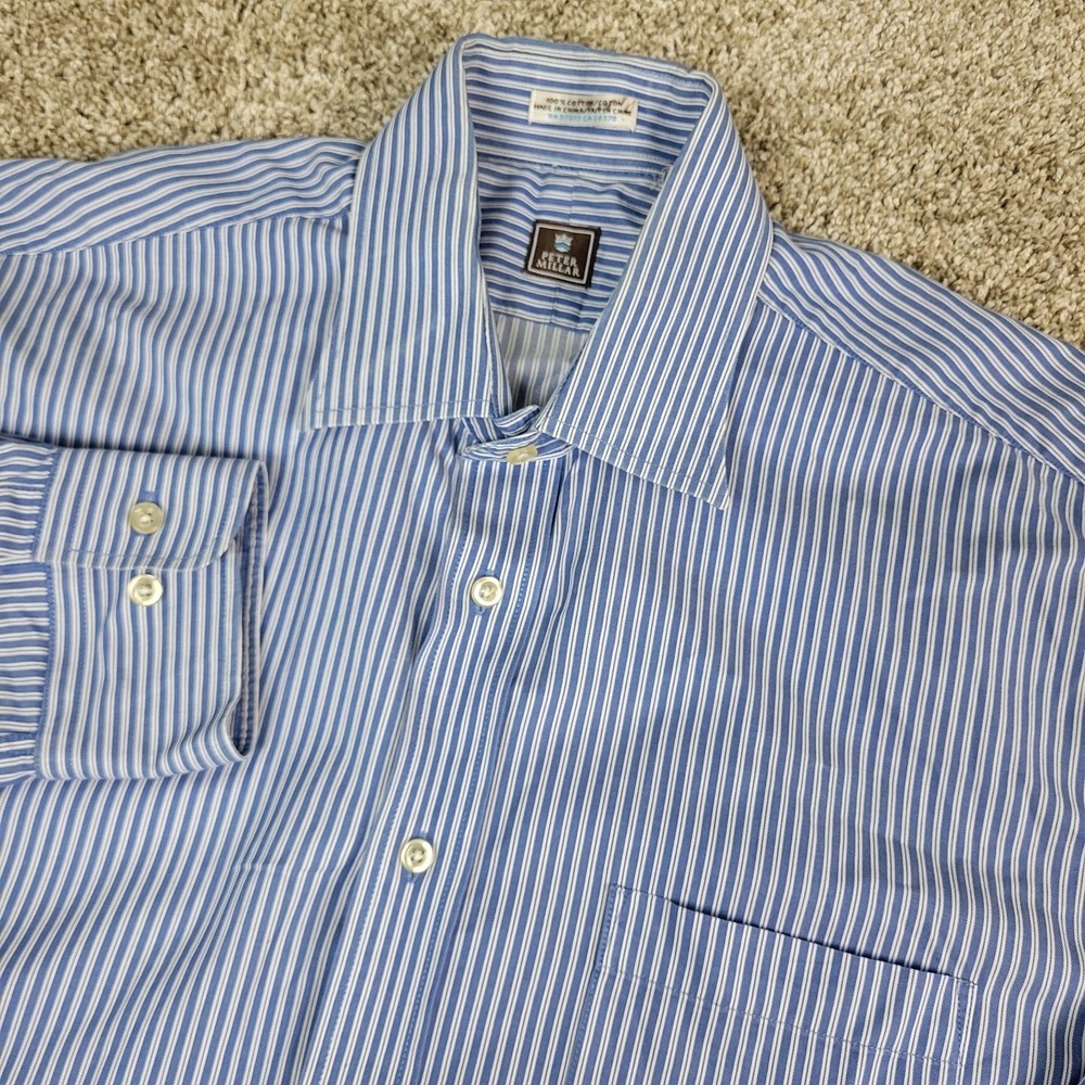 Peter Millar Mens Large Blue White Striped Button Up Long Sleeve